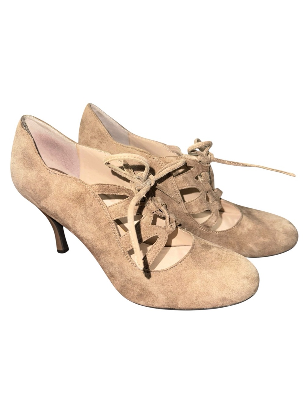 Franco Sarto Lace Up Pumps Heels Beige Suede Leather Cutout Women’s 8.5